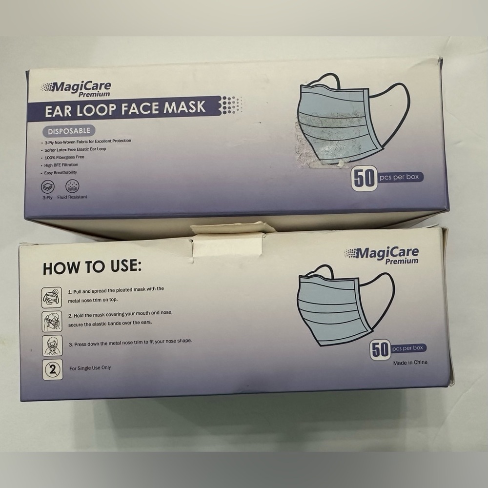 2 Boxes of MagiCare Premium 3 Ply Disposable
Ear Loop Face Mask 1 New/1 opened